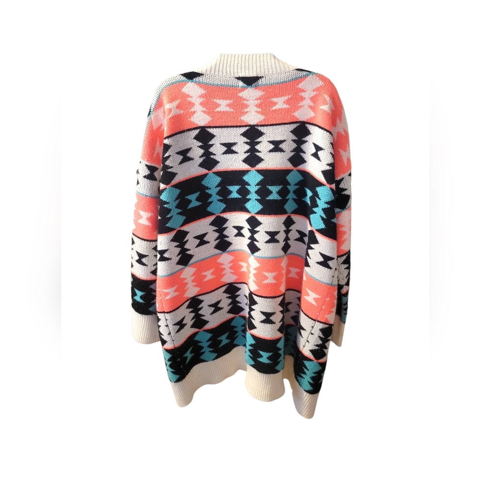 Open-Front Aztec Knit Cardigan - Coral, Teal & Black - Picture 3 of 3